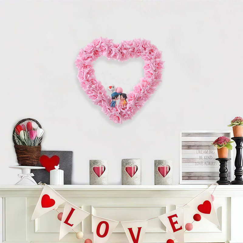 Couronne de Saint-Valentin, décorations de mariage en forme de cœur en forme de couronne de rose en soie, porte-fenêtre suspendu pour la décoration