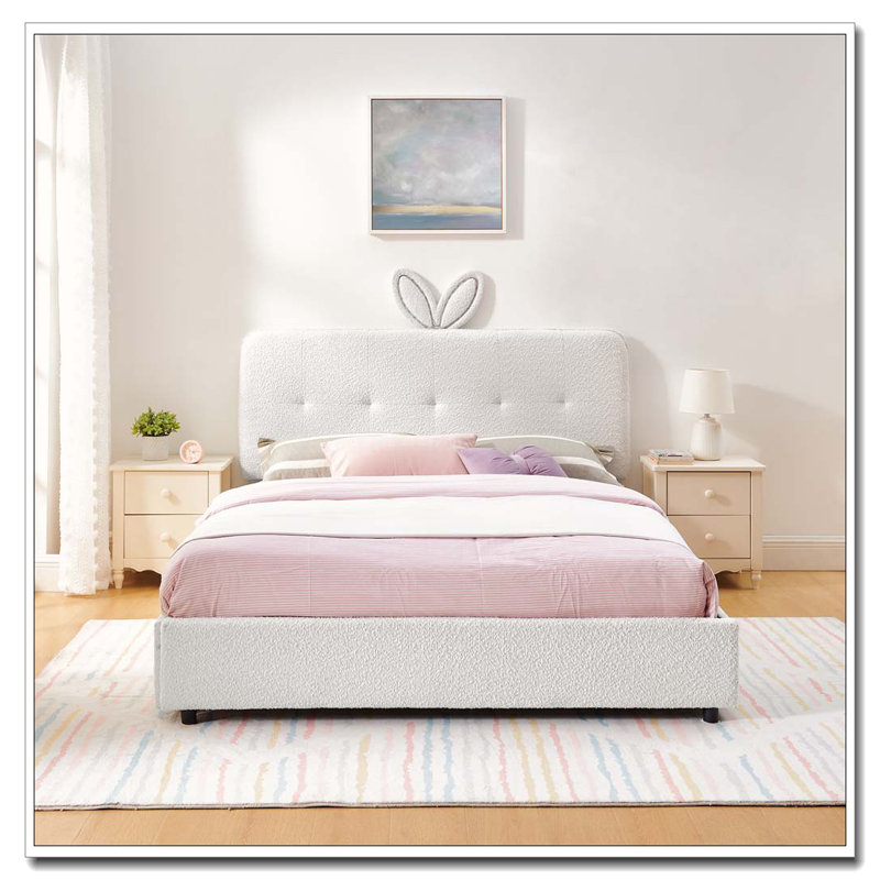 Lit tapissier avec tête de lit surdimensionnée, lumière DEL et 4 tiroirs de rangement, Beige, Grand lit