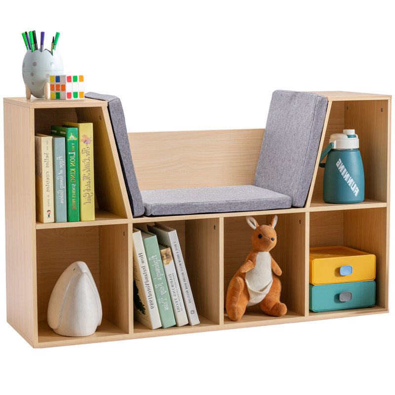 Bibliothèque pour 6 enfants avec rangement et coussin de lecture, Naturel