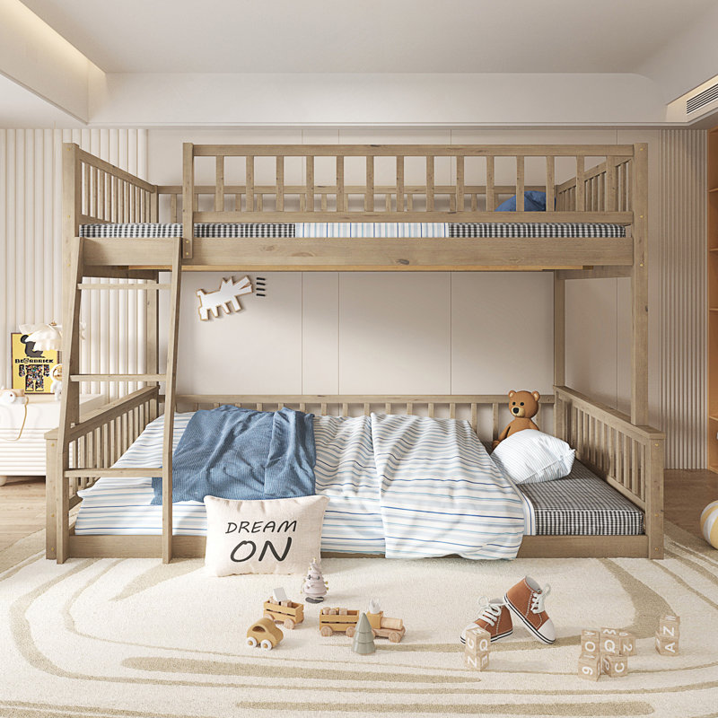 Bunk Bed With Ladder And Guardrails, Walnut, Twin XL Over Queen