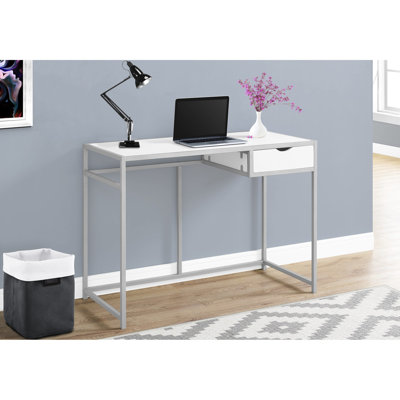 Contemporary Computer Desk For Business - 42"l, White Laminate, Black Metal With Storage Solution Modern Home Office Setup Metal, Drawer