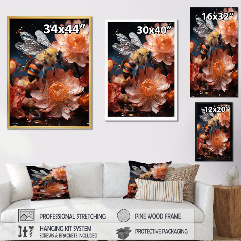 «Colorful Bee IV», reproduction d'art sur toile florale, Cadre photo noir, H 32 po x l 24 po x P 1 po