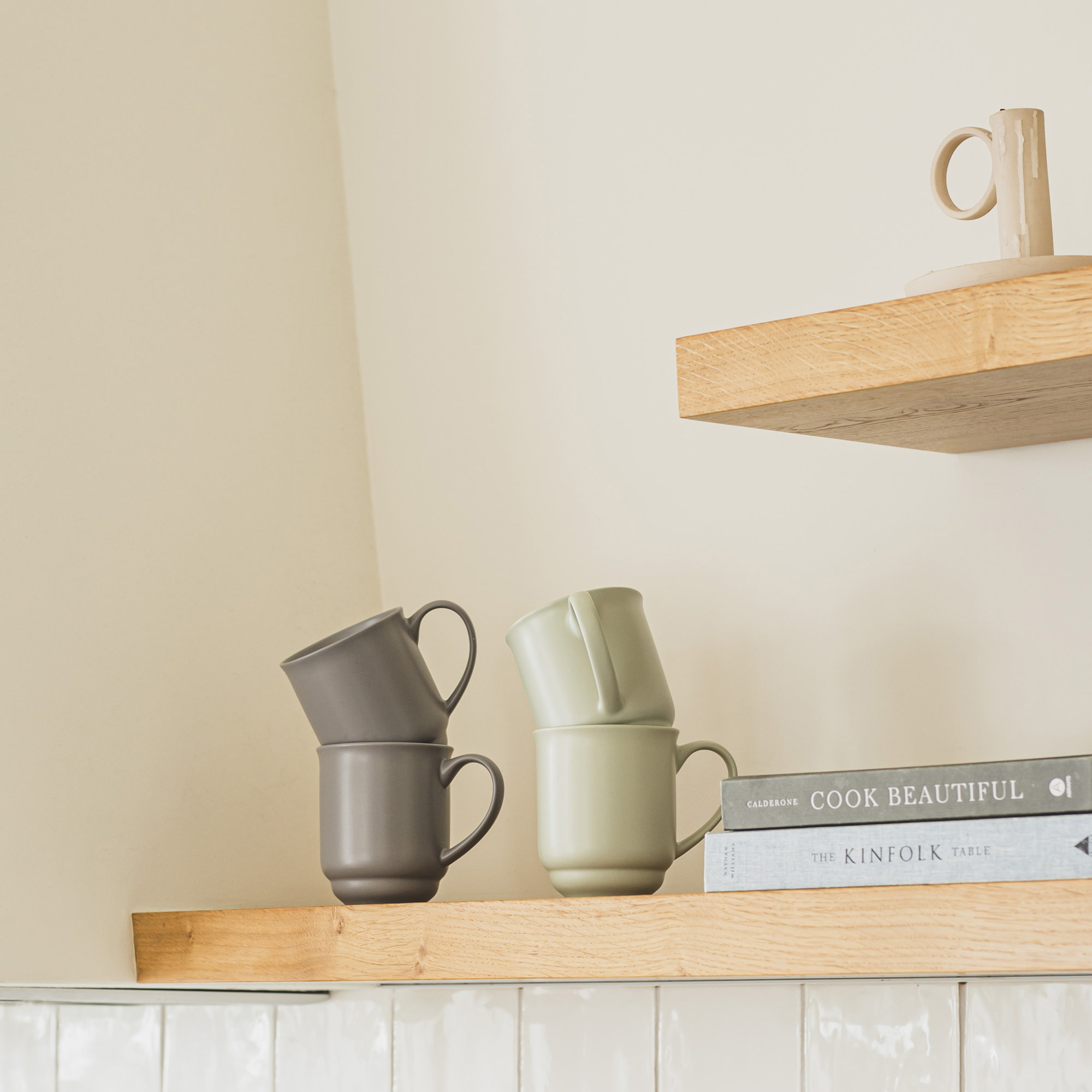 over&back Rimmed 16oz Semi-Matte Hand-Finished Stoneware Mugs, Set of 4, Green