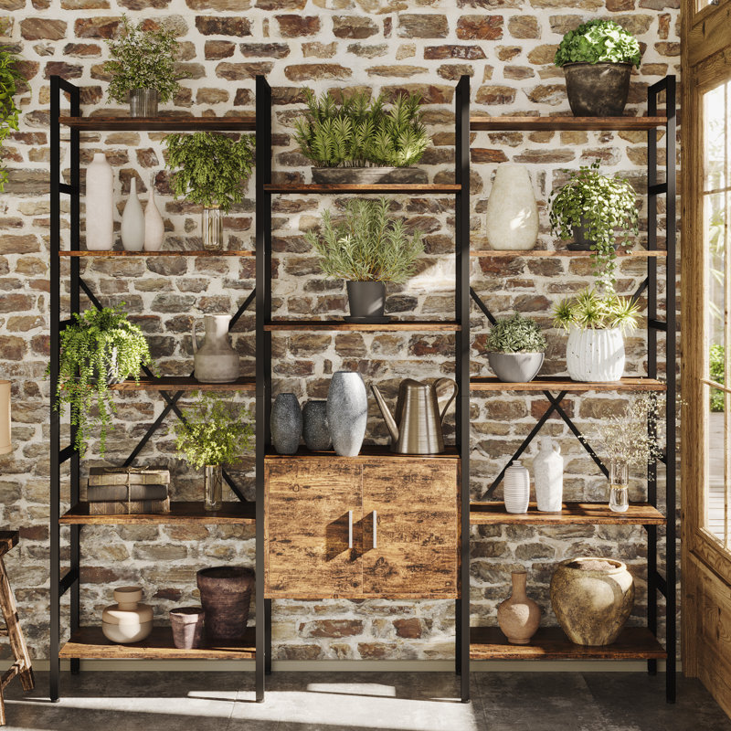 70" Industrial Bookshelf, Large 5-Tier Triple Bookcase with Storage Cabinet, 14-Shelf Display Unit, Metal Frame Etagere Furniture for Living Room, Bedroom, Home Office