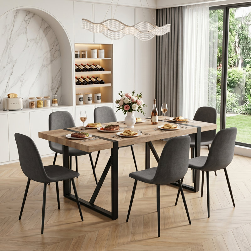 7-Piece Modern Industrial 71" Wood Dining Set with Metal Base and Upholstered Chairs, 7 Piece Dining Set, Gray Chairs
