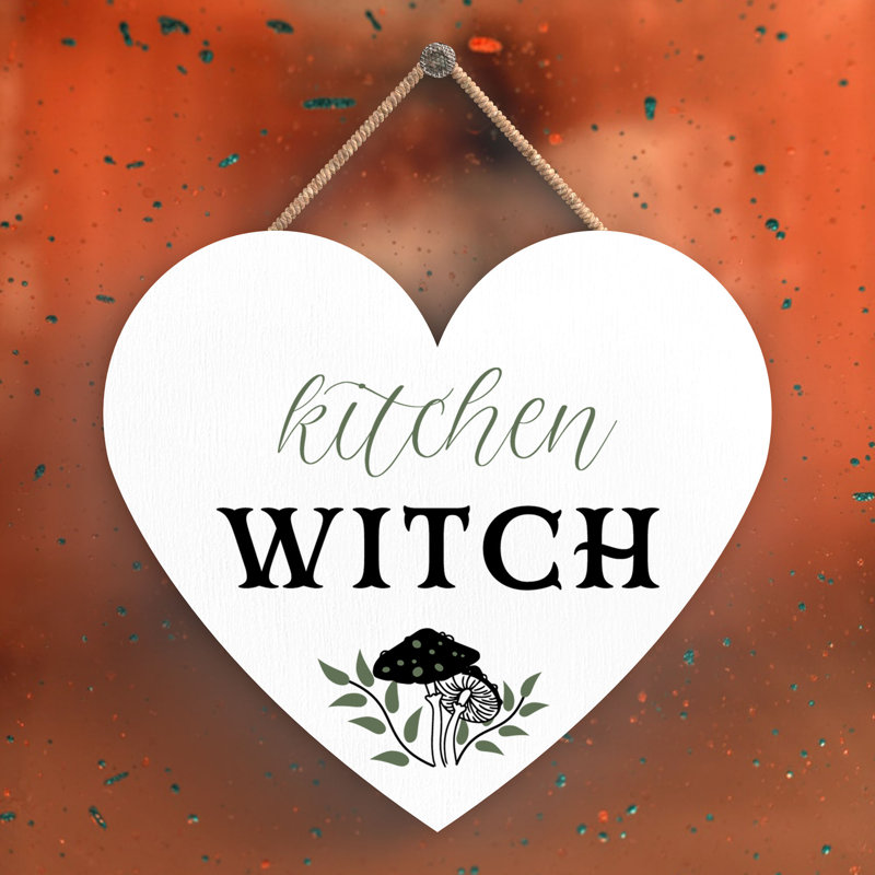 Kitchen Witch Mushrooms Wooden Heart Plaque, 10cm H x 9cm W x 0.5cm D, White