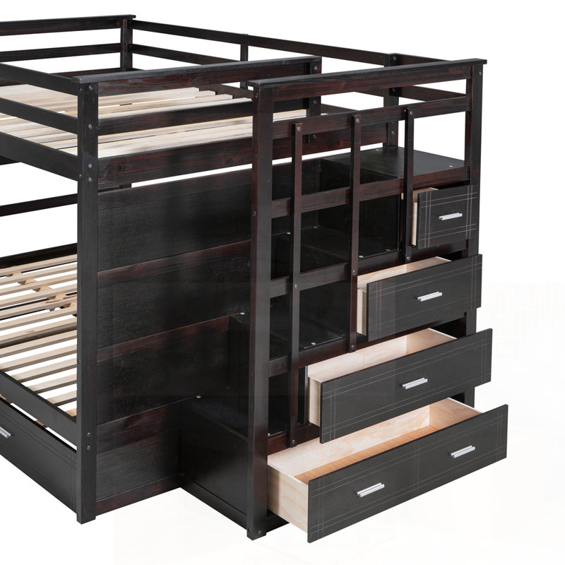 Lit superposé double au-dessus de double avec gigogne simple, escalier à 4 tiroirs et structure en pin massif, aucun sommier nécessaire, espresso