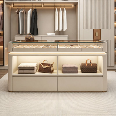 Armoire à bijoux de luxe 47,24 "avec garde-robe pour îlot de bijoux - Corps en bois massif multicouche, plateau en verre trempé, avec bande de lumière ambiante, sac à tiroirs multiples et armoire de rangement pour accessoires