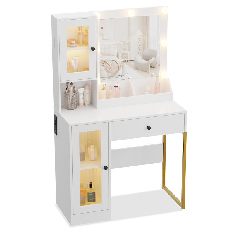 Vanity Desk with Mirror and Lights Elegant Makeup Vanity Table with Drawers & Cabinets, Storage, Sturdy MDF Top, Adjustable Brightness Bulbs, Built-in Power Outlet & USB Ports for Bedroom