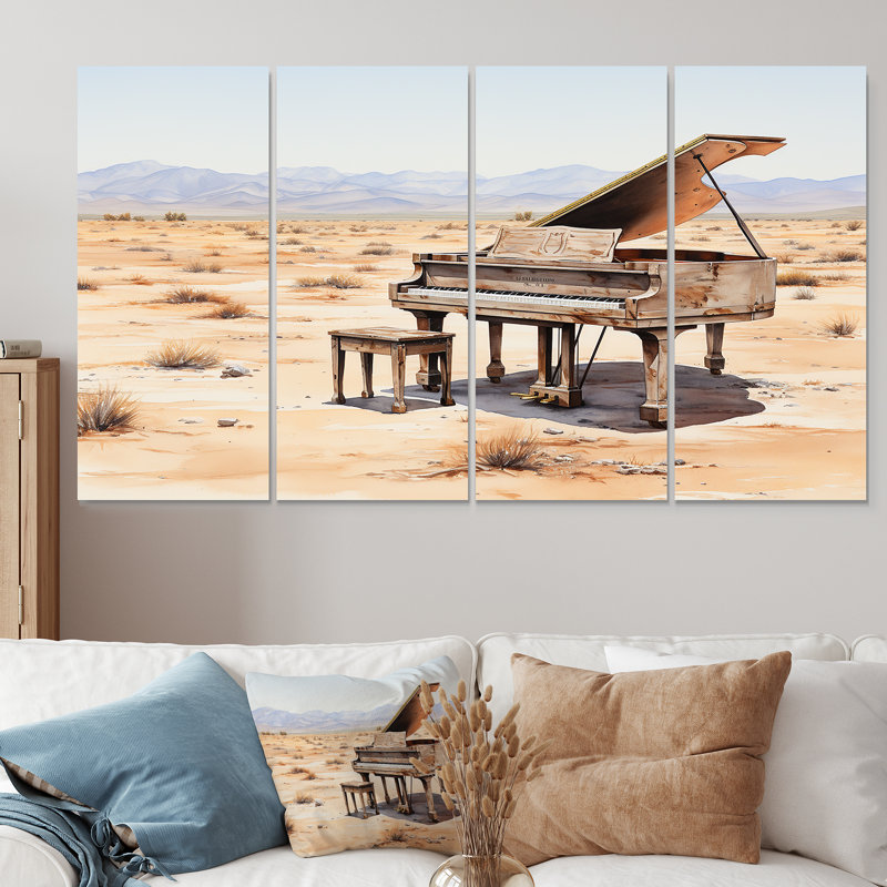 Desert Piano Melody II - Music Piano, art mural 4 pièces pour le salon, H 28 po x l 48 po