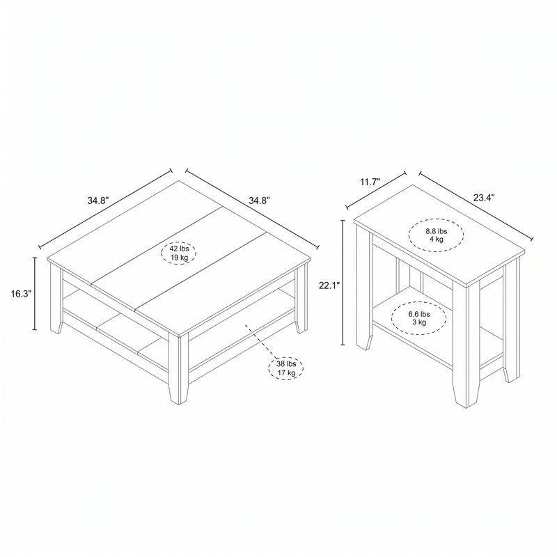 Ensemble de table de salon 3 pièces Weddel Basilico, Chêne noueux