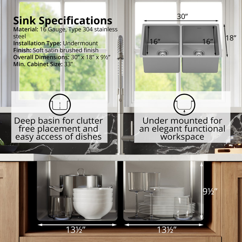Karran 16-Gauge Stainless Steel 30'' X 18'' 50/50 Double Bowl Undermount Kitchen Sink Kit