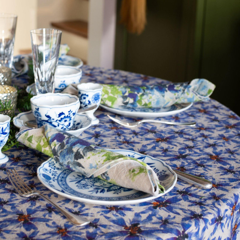 Organic Linen Tablecloth in Blue Harem, 59" x 110" Rectangle