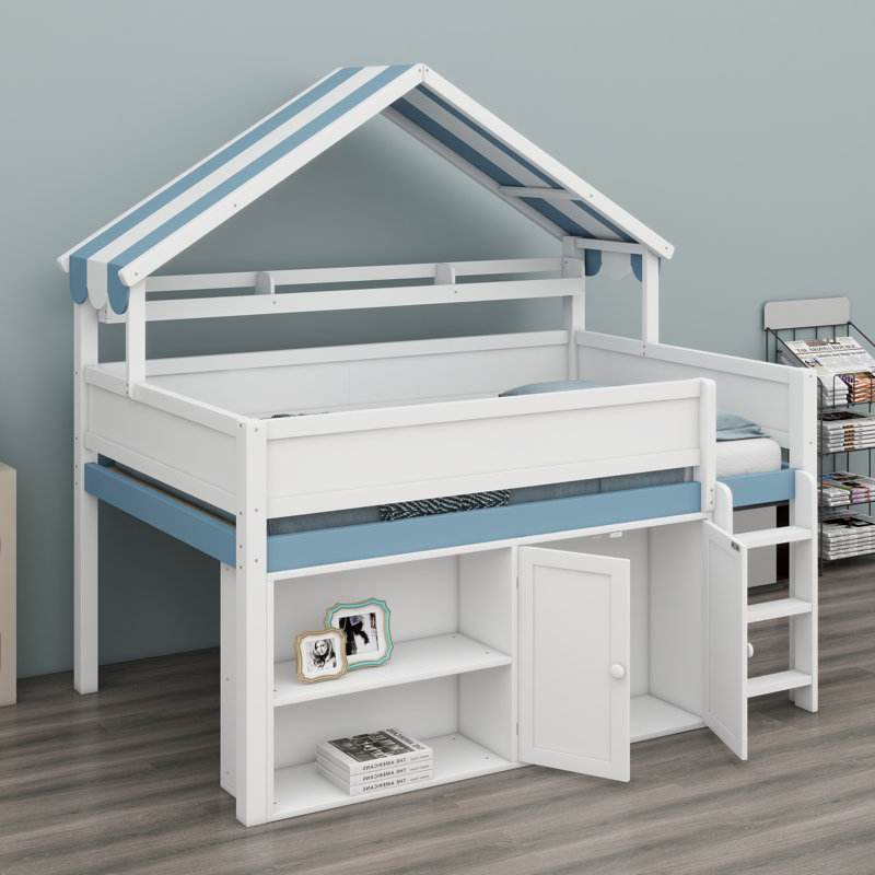 Lit mezzanine peu encombrant avec toit à baldaquin et solutions de rangement intégrées, Blanc et bleu