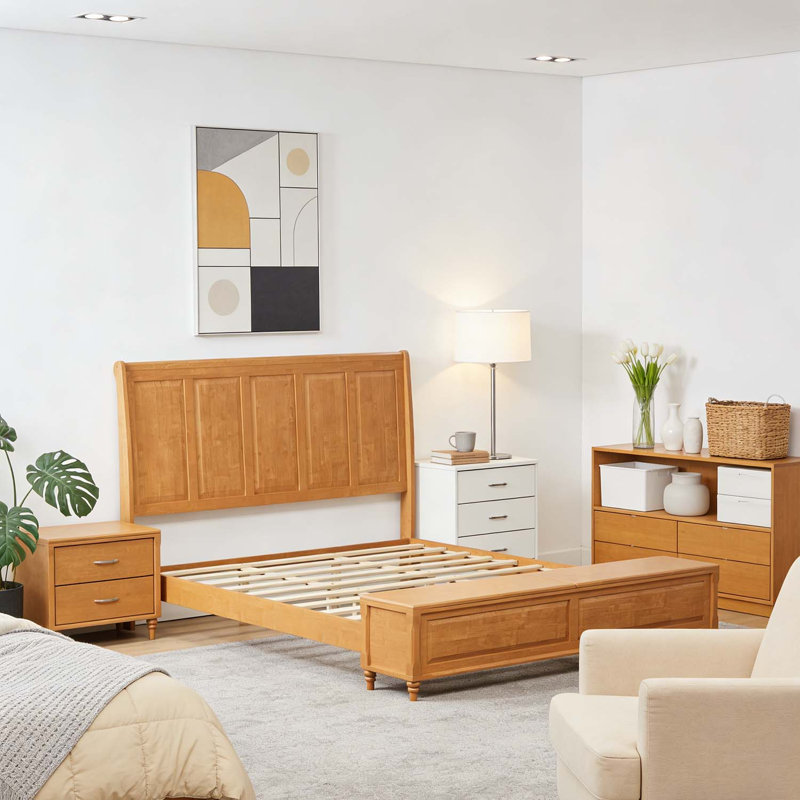 Lit plateforme robuste avec tête de lit haute et banc de rangement, aucun sommier requis, Très grand lit, Naturel