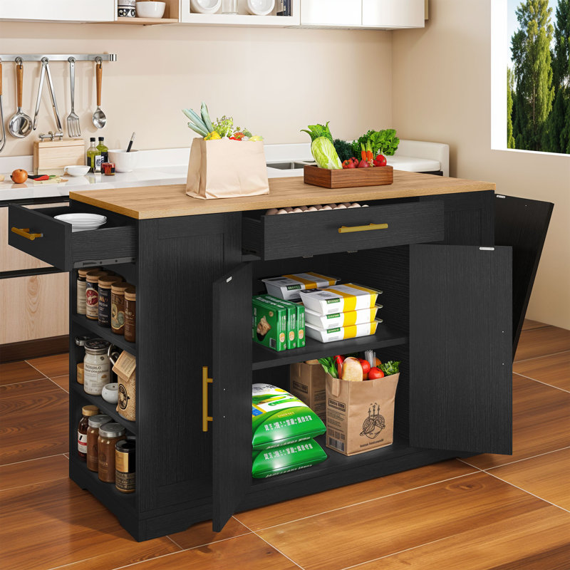 53'' Rolling Kitchen Island With Trash Can Storage, 3-Tier Shelves & 2 Drawers, Black