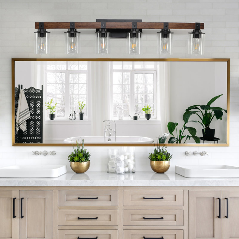 Applique murale de salle de bain 42 po à 6 lumières de style industriel 42 po avec abat-jour en verre et décor en bois rustique 42 po