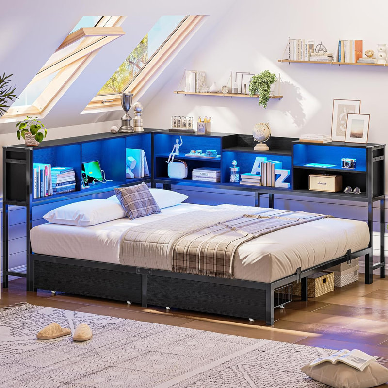 Daybed With 2 Underneath Storage Drawers And Charging Station, L-shape Corner Bed Frame With Storage Bookcase And Led Lights For Living Room, Bedroom & Guest Room