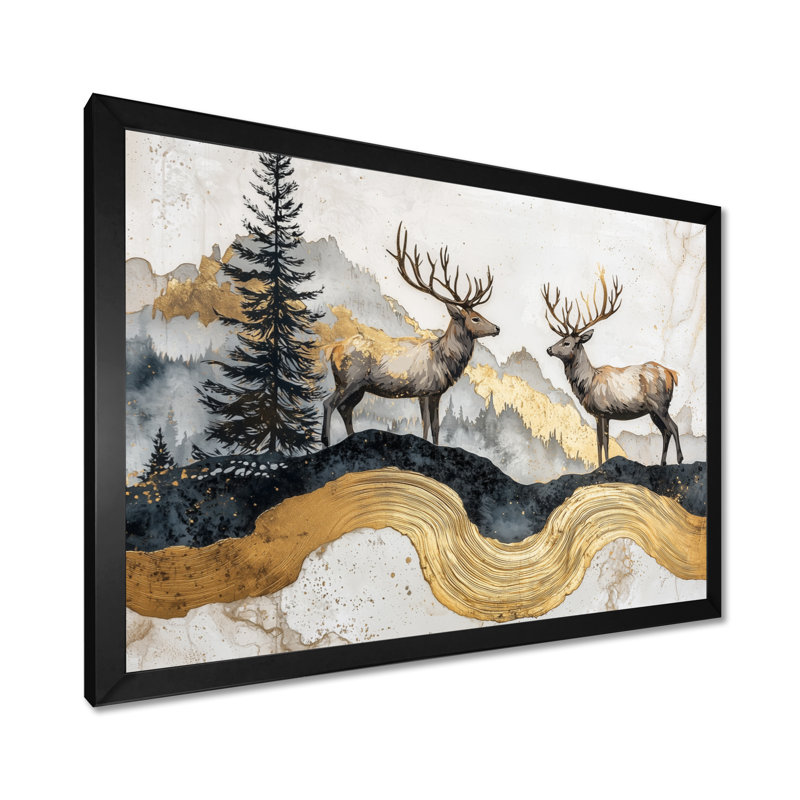 Golden Deer Landscape Grace In The Forest V - Deer, art mural, Cadre simple, Noir, H 12 po x l 20 po