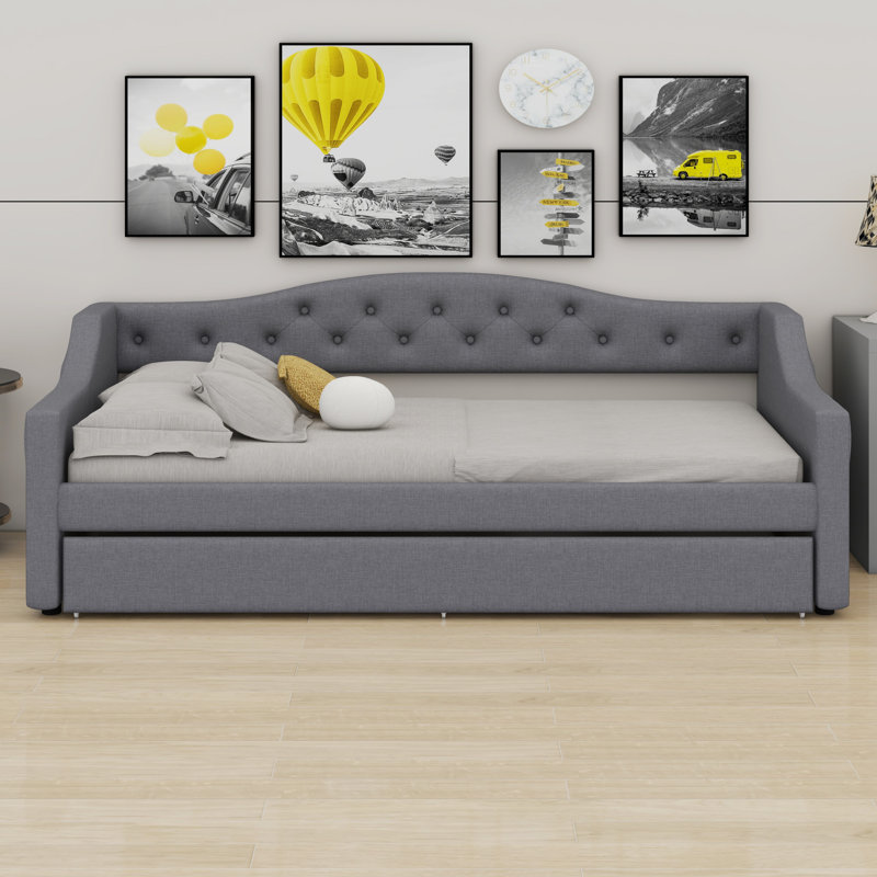 Upholstered Daybed With LED Belt And Trundle, Gray