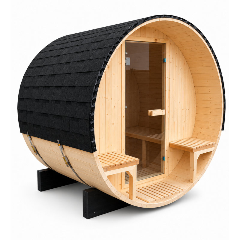 Sauna extérieur en baril de pin pour 4 personnes + véranda (1,8 m x 1,8 m)