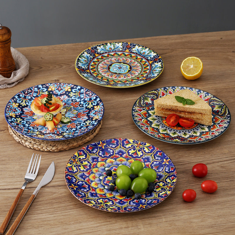 Assiette à salade en porcelaine 8,5 po Cenka Boho, motifs assortis, ensemble de 4 assiettes à dessert