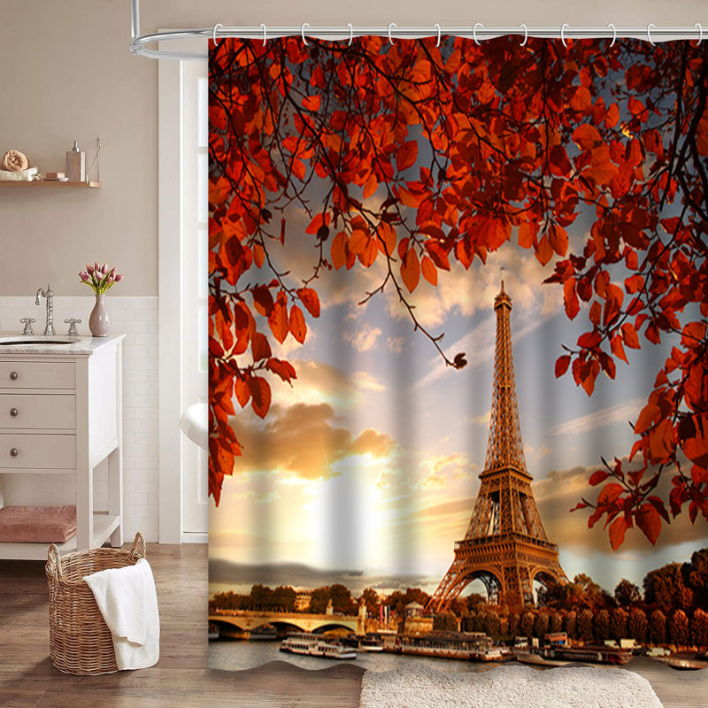 Rideau de douche Eiffel à feuilles d'automne avec 12 crochets Tour Eiffel, L 72 po x l 72 po