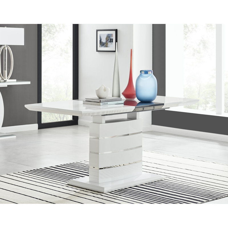 Eubanks 120Cm High Gloss Extending Dining Table And 6 White Chairs, Grey/Silver