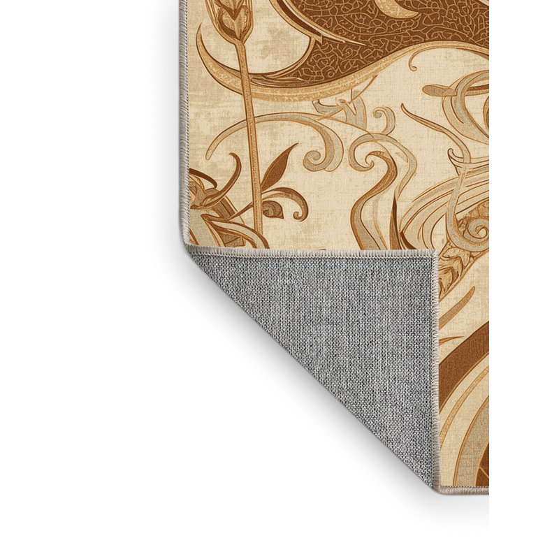 Machine Washable Orlandra Barley French Country Oriental Rug in Beige – Beige Binding, 4' Round
