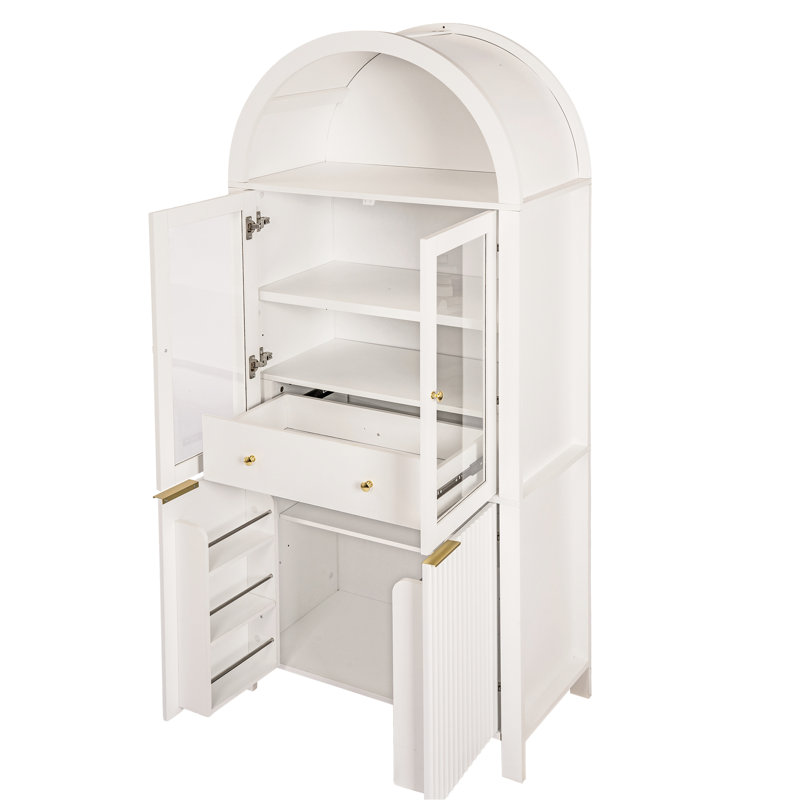 Grand garde-manger arqué cannelé blanc de 71 po avec tablettes réglables, pour porte de cuisine, de salon et de salle à manger en verre, support de porte, poignées en métal trempé