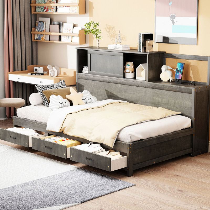 Lit de jour gris en bois de taille simple avec 3 unités de rangement cachées, une planche souple et des options de chargement pour un compartiment de rangement bien rangé, une chambre de détente Points supérieurs