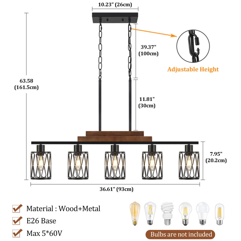 Luminaire suspendu pour îlot de cuisine 5 lumières en bois et métal Delmira