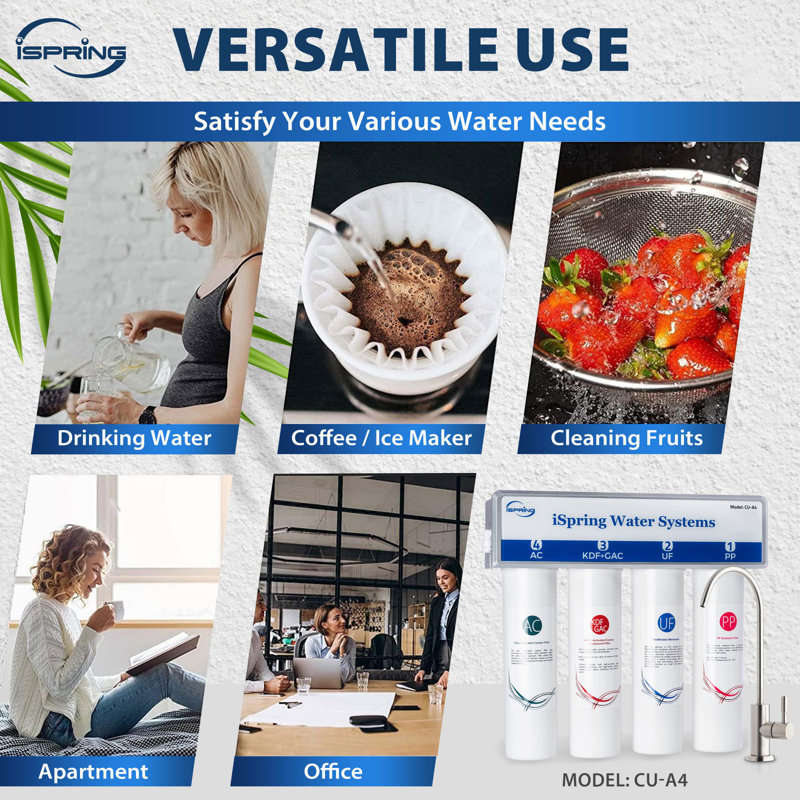 Système de filtration d'eau sous l'évier iSpring CU-A4 0,01 microns à ultrafiltration, grande capacité sans réservoir à 4 niveaux, élimination des contaminants à 99,99%, changement rapide du filtre avec robinet en nickel brossé, blanc