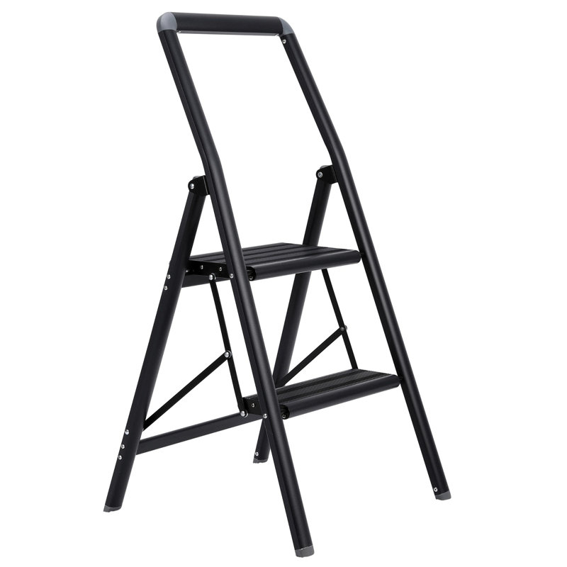 Slim 2 Step Ladder Folding Step Stool for Kitchen, Pantry, Closet, or Home Office - Lightweight Aluminum Space Saving Non-Slip Indoor Foldable Stepladder with Handrail (Black)