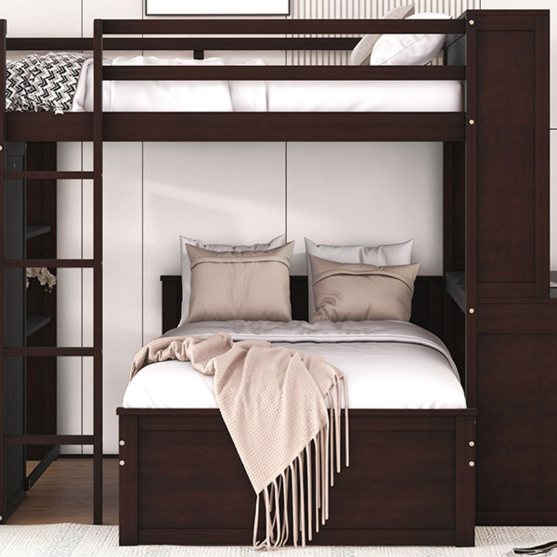 Lit mezzanine double avec lit simple autoportant, tablettes, bureau et garde-robe, Lit double, Espresso