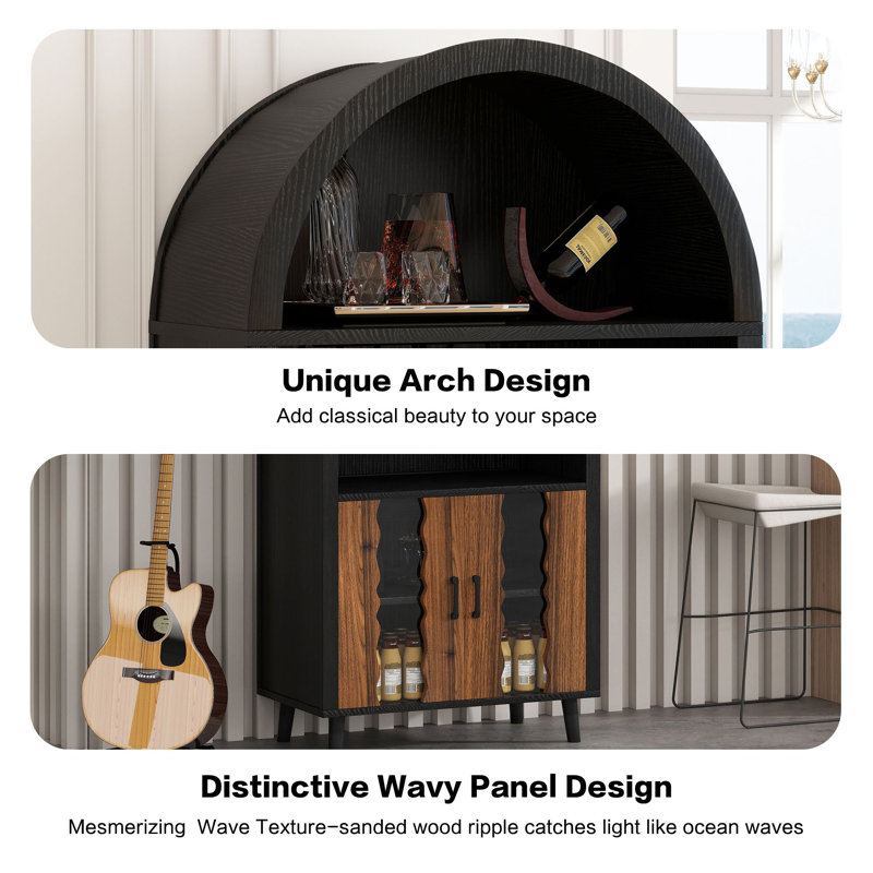 Tall Black Arched Wine Cabinet: 71"Wine Storage Cabinets,With 15 Liquor Racks 16 Glass Holders,4 Tier With Door & Adjustable Shelf - Bar Decorations For Home, Living Dining Room