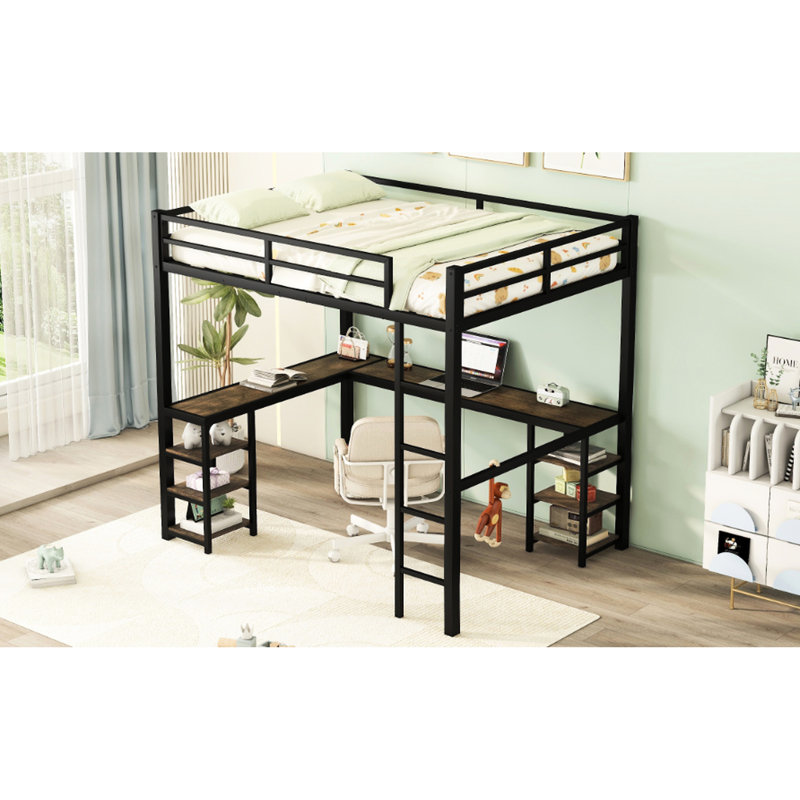 Lit mezzanine double avec bureau et construction stable - Options de rangement en métal pour la chambre à coucher