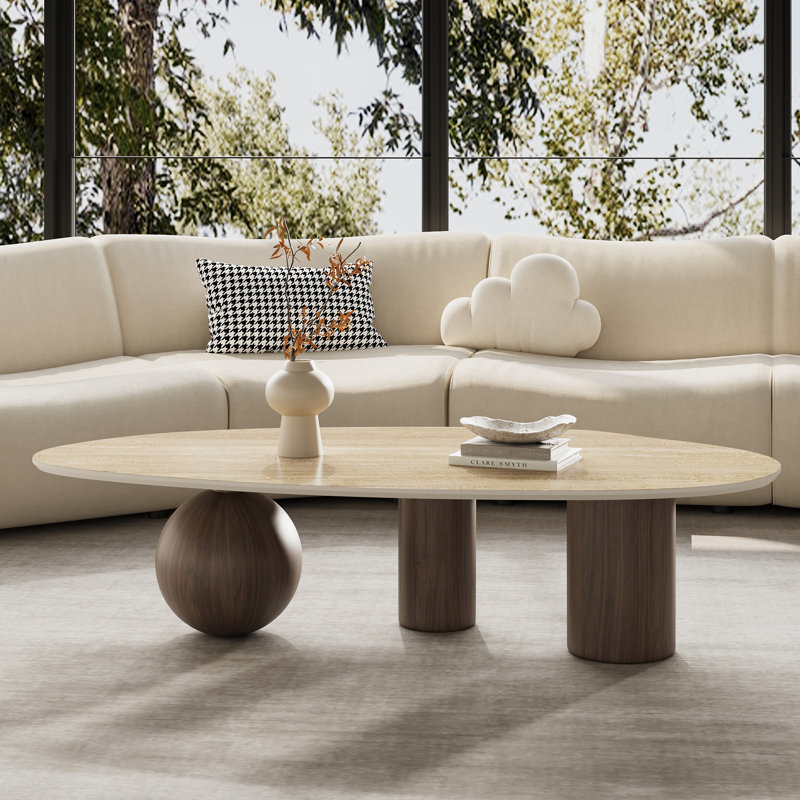 Laylla Modern 54" Coffee Table, White Sintered Stone Table-top, 3 Stainless Steel legs, Free form, Yellow