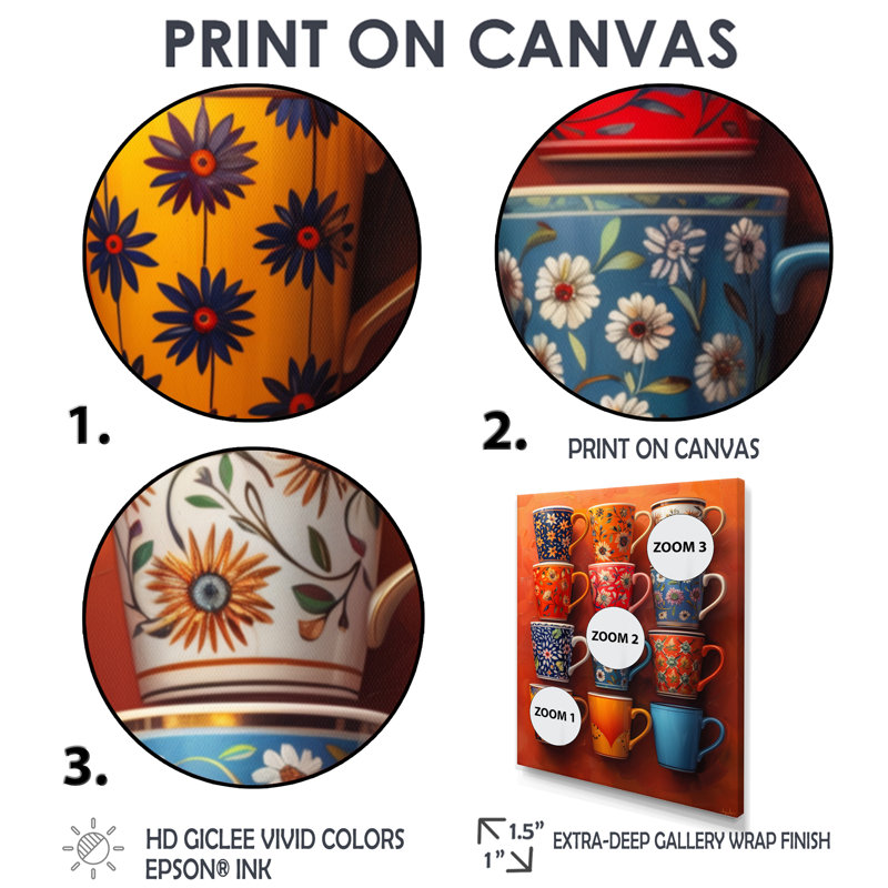 Tasse de café rouge et bleu Boho Morning I - Coffee Wall Art Living Room, Cadre flottant brun, H 16 po x l 32 po