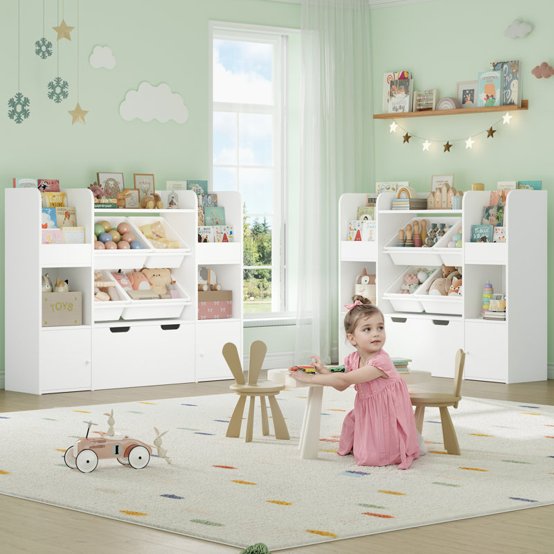 Grande bibliothèque de 50 po pour salle de jeux, rangement avec 4 paniers à jouets, 6 casiers de rangement et tiroir mobile