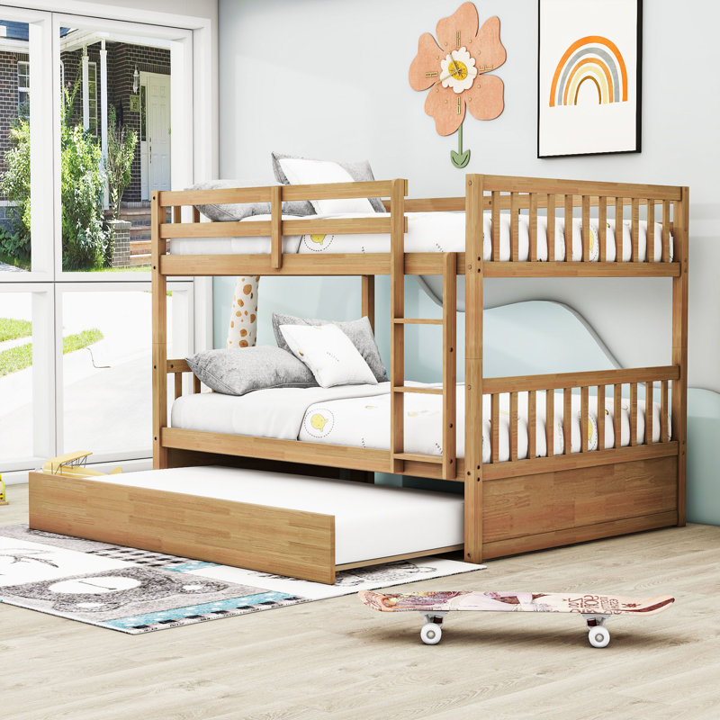 Katasia Rustic Full Over Full Wood Bunk Bed With Twin Trundle, Natural