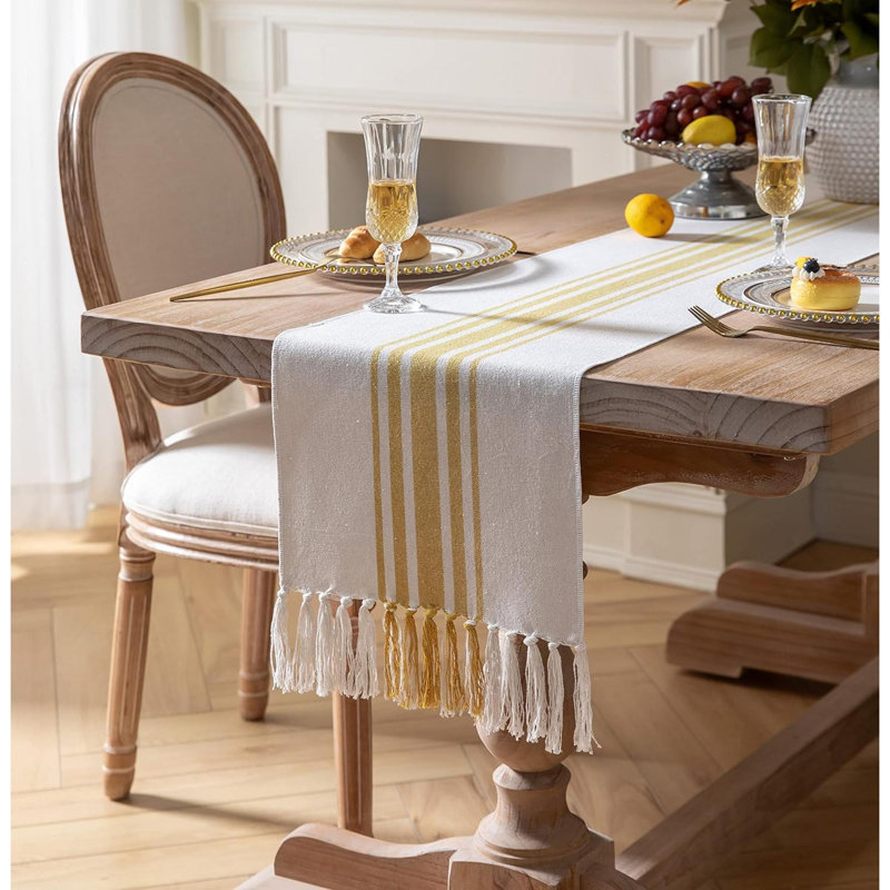 Molique Runner Striped Cotton Table Runner, 72" x 13", Beige/Yellow