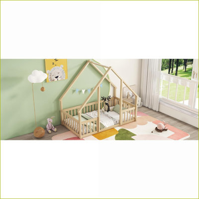 Twin Pine Wood House-Shaped Floor Bed with Guardrails No Box Spring Natural