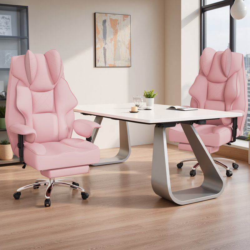 Big and Tall Managerial Chair with Massage Lumbar Support, 400lbs Heavy Duty Office Chair with Foot Rest, Ergonomic High Back PU Leather Executive Chair with 3D Saddle Shaped Cushion for Home Office, Pink