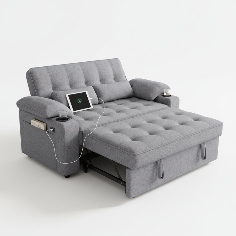 Canapé-lit convertible de 58 pouces trois en un avec chargement USB, dossier réglable, canapé-lit en tissu éponge avec poches latérales, canapé double, adapté aux salons et aux appartements, gris clair 