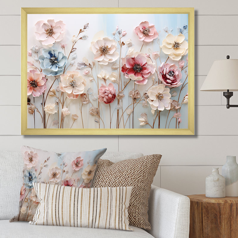 Art floral mural blanc et rose pour salon, Cadre doré à coins fermés, H 24 po x l 32 po x P 1 po