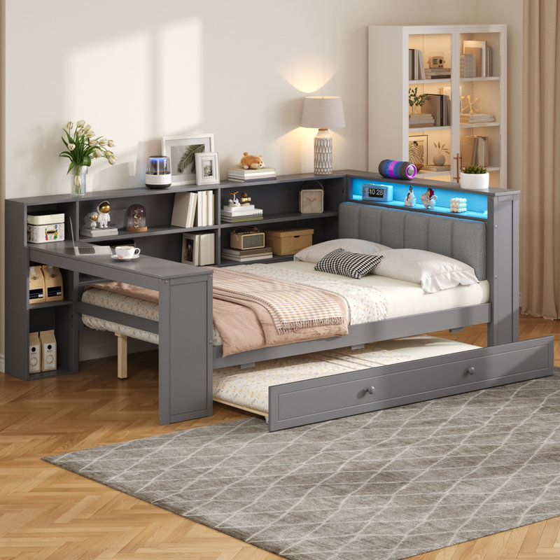  Lit plateforme double avec lit gigogne, tête de lit DEL, station de recharge et rangement, gris, Full