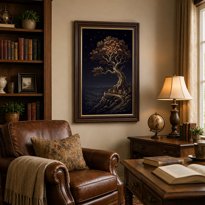 «Night Tree with Glowing Lights And Cliffside Village», art mural sur toile, 18"H x 12"W