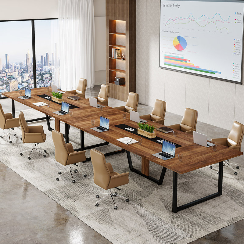 8FT Large Conference Table, Rectangle Meeting Podcast Table, Rustic Brown
