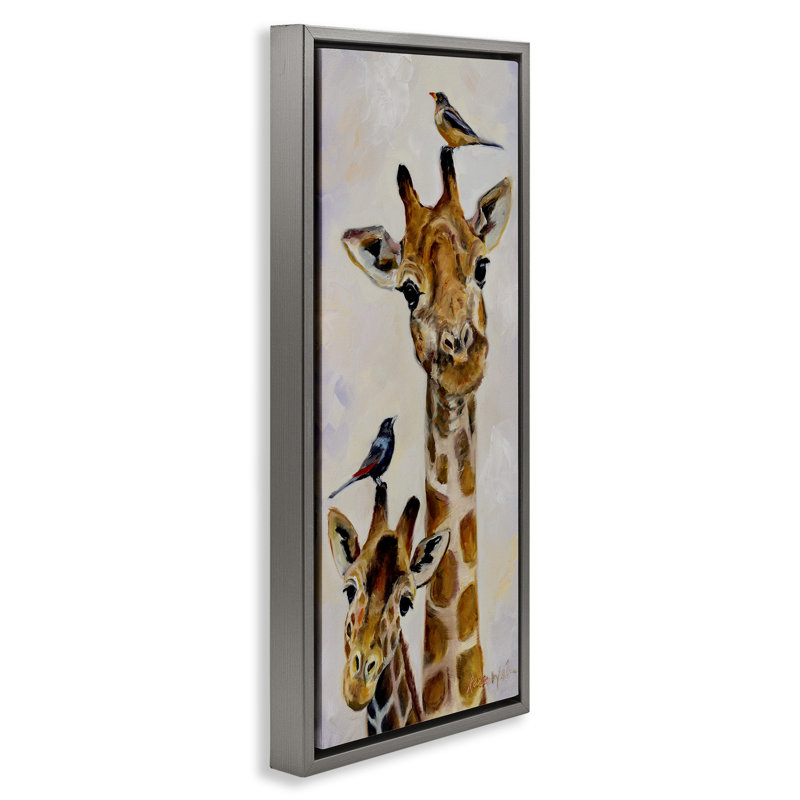 Girafe et oiseaux perchés, art mural encadré par Karen Weber, Cadre flottant gris lustré, H 25 po x l 11 po